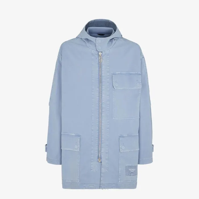 Man Light Blue Gabardine Parka Light Blue Fendi Coats and Outerwear