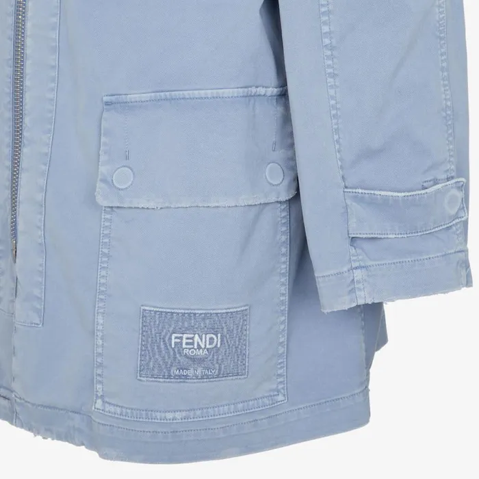 Man Light Blue Gabardine Parka Light Blue Fendi Coats and Outerwear
