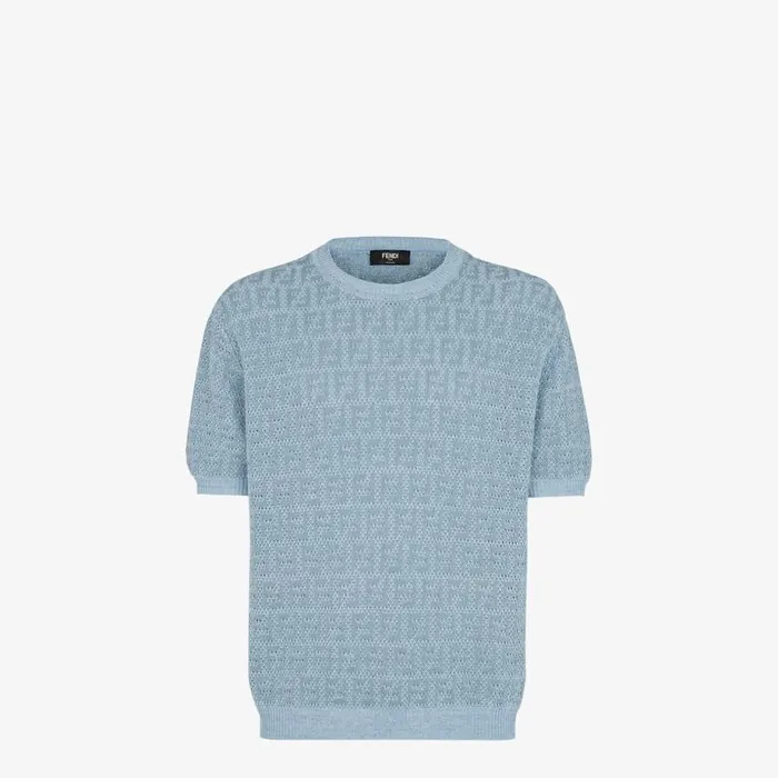 Man Light Blue Linen Cotton And Silk Jumper Light Blue Fendi Knitwear