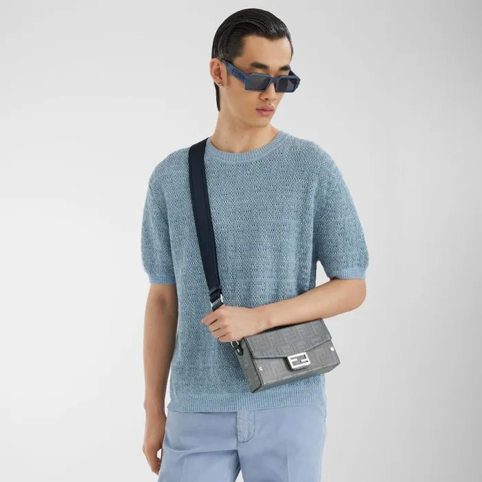 Man Light Blue Linen Cotton And Silk Jumper Light Blue Fendi Knitwear