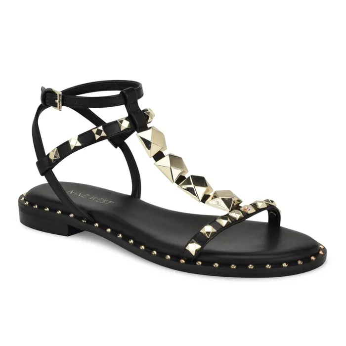 Marcila Studded Ankle Strap Sandals Black Women Nine West Low Heel Marcila Studded Ankle Strap Sandals Black Women Nine West Low Heel