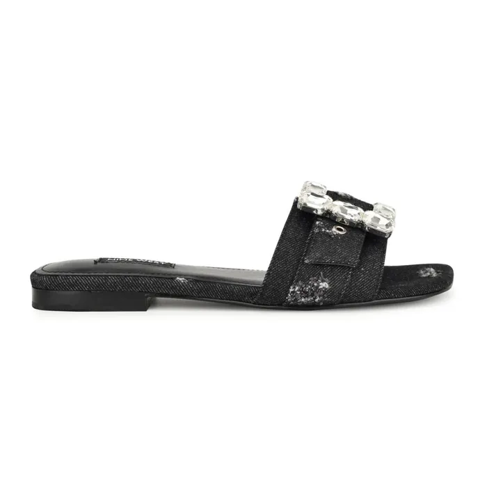 Matter Buckle Flat Sandals Black Denim Women Nine West Sandals