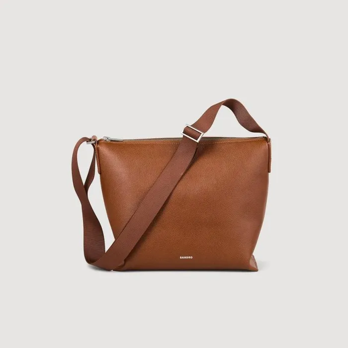 Men Crossbody Bags SANDRO Grained Leather Satchel Cognac