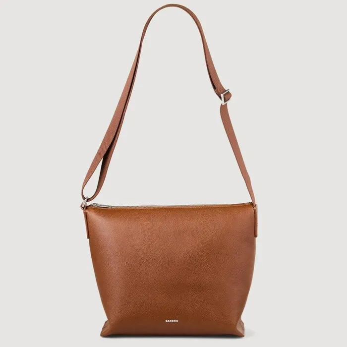 Men Crossbody Bags SANDRO Grained Leather Satchel Cognac