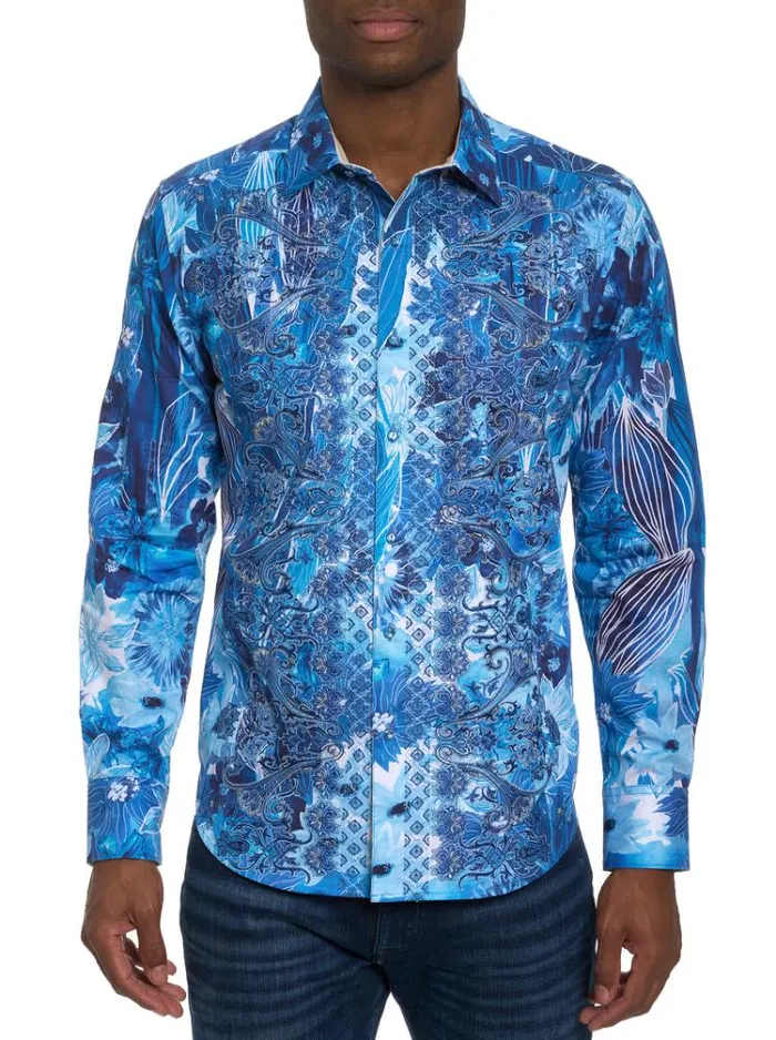 Men LIMITED EDITION FLORAL ESCAPE BUTTON FRONT SHIRT Blue Robert Graham Button Down Shirts