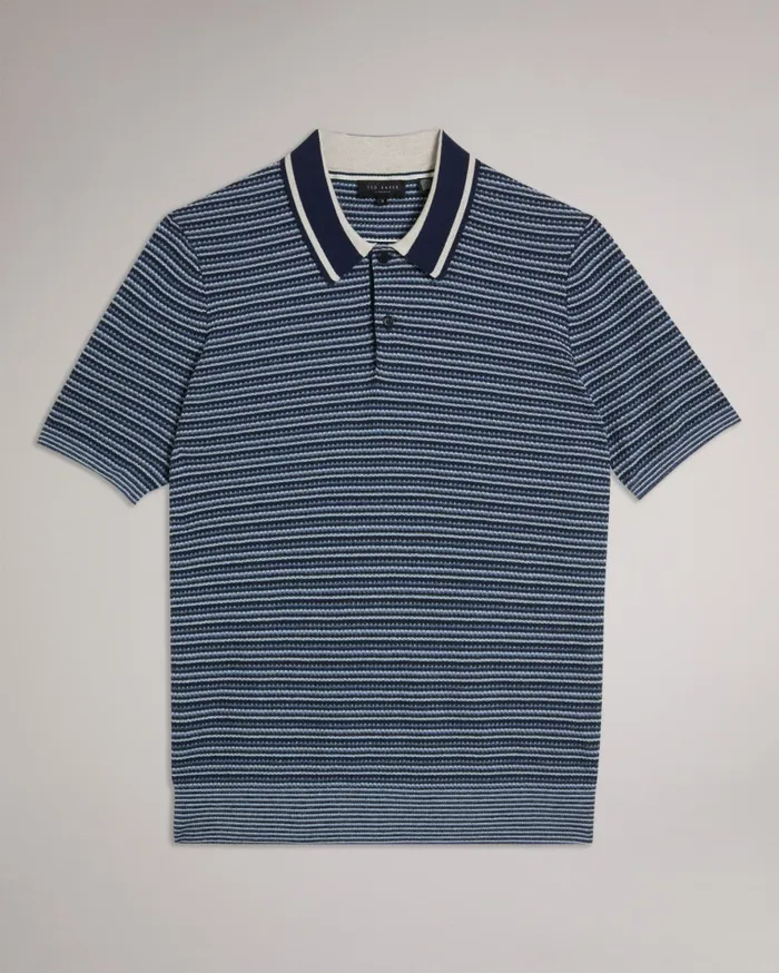 Men RADWINT 8211 Short Sleeve Textured Striped Polo Shirt Dark Blue Ted Baker Jumpers and Knitwear