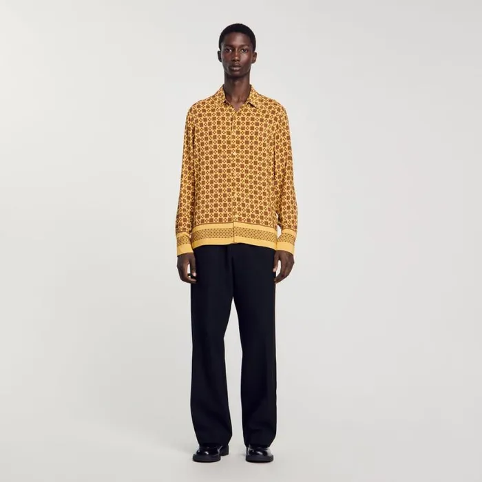 Men Shirts SANDRO Square Cross Motif Flowing Shirt Camel