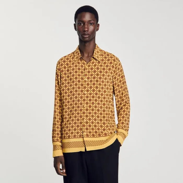 Men Shirts SANDRO Square Cross Motif Flowing Shirt Camel