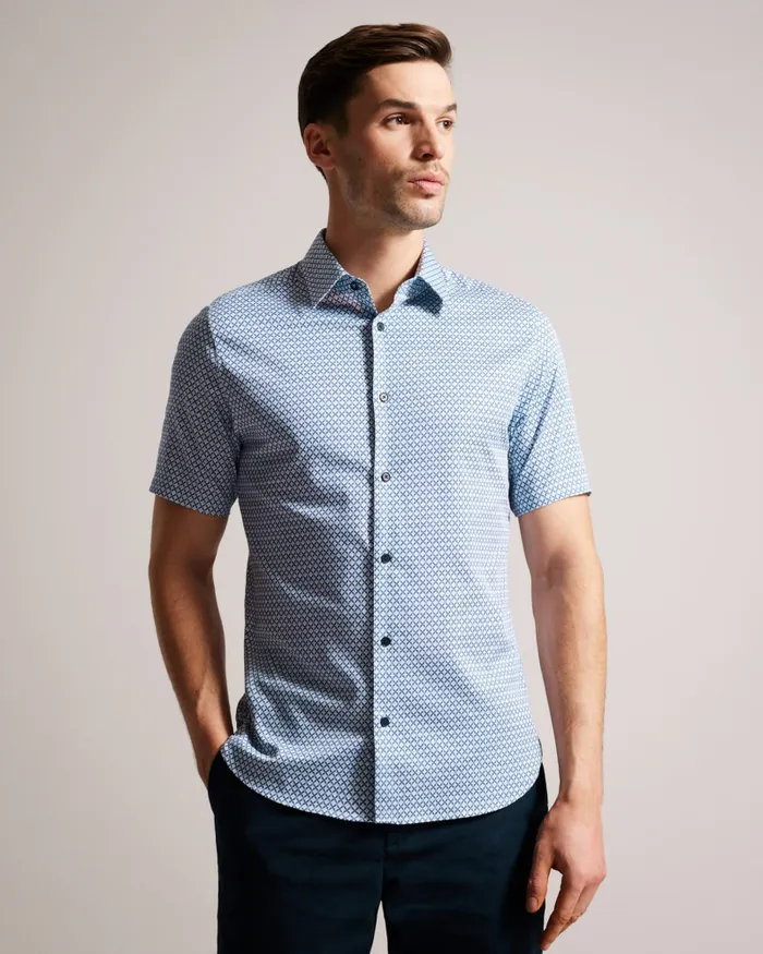 Men STRISHO 8211 Short Sleeve Geometric Print Shirt Dark Blue Ted Baker Shirts Men STRISHO 8211 Short Sleeve Geometric Print Shirt Dark Blue Ted Baker Shirts