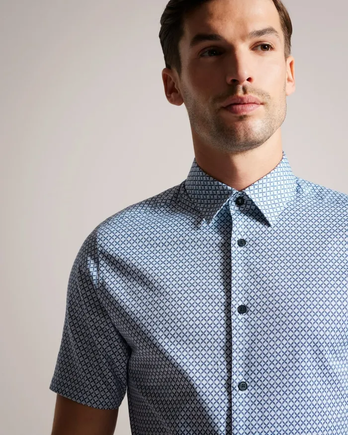 Men STRISHO 8211 Short Sleeve Geometric Print Shirt Dark Blue Ted Baker Shirts Men STRISHO 8211 Short Sleeve Geometric Print Shirt Dark Blue Ted Baker Shirts