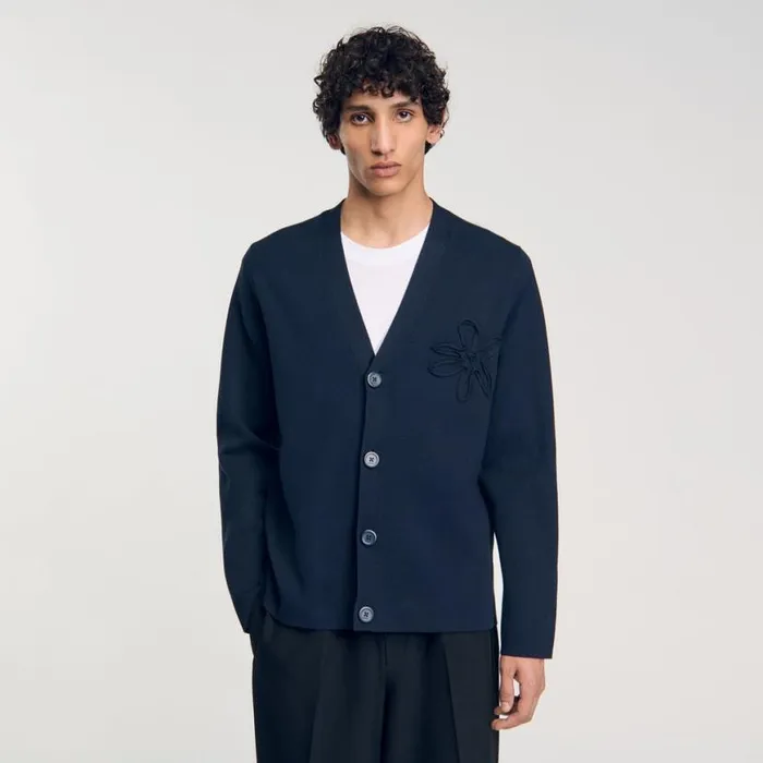 Men Sweaters and Cardigans SANDRO Cardigan With Flower Detail Blue Prusse