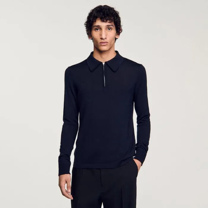 Men Sweaters and Cardigans SANDRO Knitted Polo Sweater Navy Blue