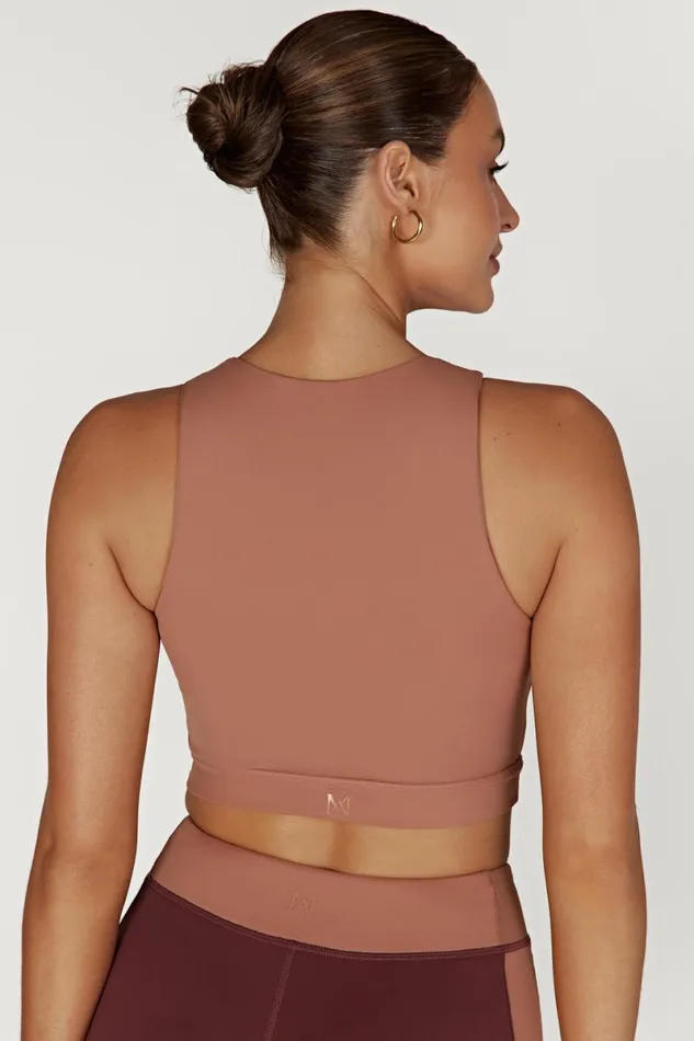 Meshki Activewear Tops Lori Two Tone Racer Crop Top 8211 MahoganyTan Mahoganytan 8211 Women Meshki Activewear Tops Lori Two Tone Racer Crop Top 8211 MahoganyTan Mahoganytan 8211 Women