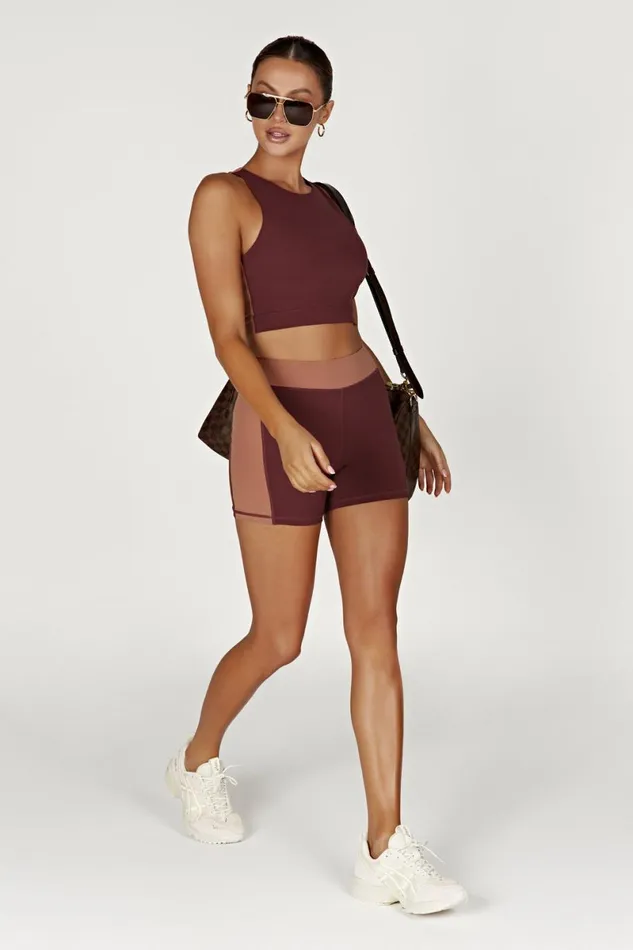 Meshki Activewear Tops Lori Two Tone Racer Crop Top 8211 MahoganyTan Mahoganytan 8211 Women Meshki Activewear Tops Lori Two Tone Racer Crop Top 8211 MahoganyTan Mahoganytan 8211 Women