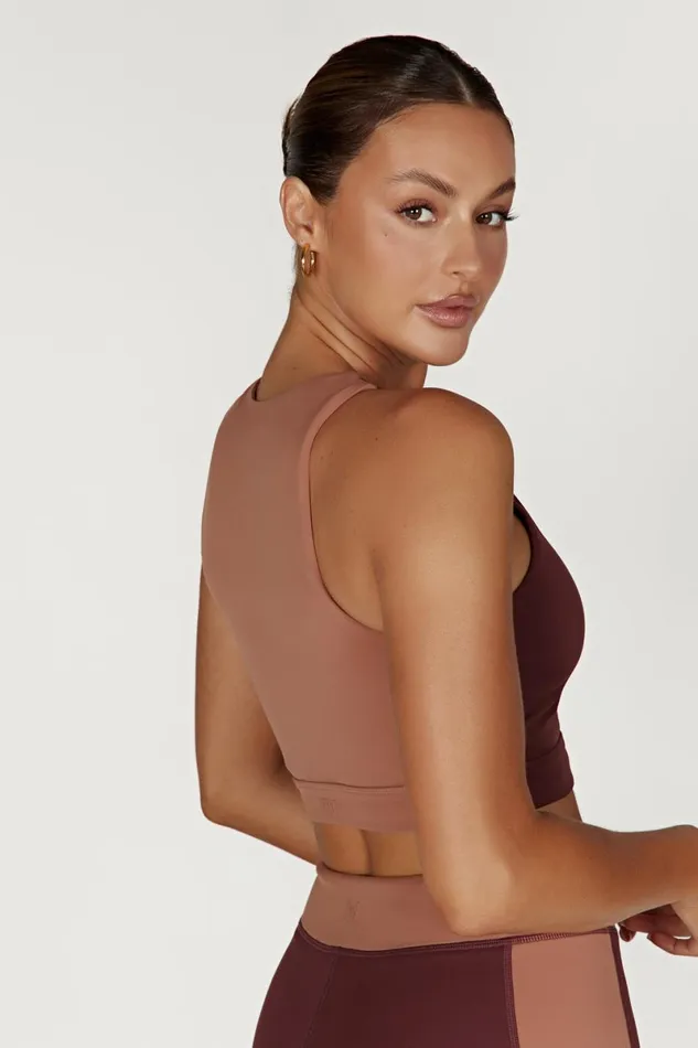 Meshki Activewear Tops Lori Two Tone Racer Crop Top 8211 MahoganyTan Mahoganytan 8211 Women Meshki Activewear Tops Lori Two Tone Racer Crop Top 8211 MahoganyTan Mahoganytan 8211 Women