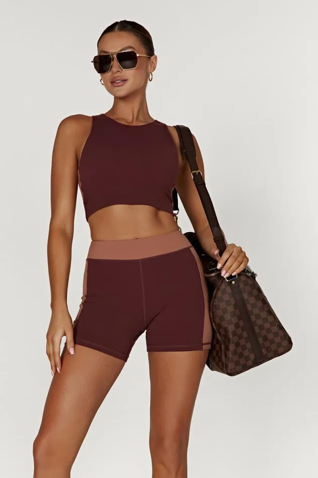Meshki Activewear Tops Lori Two Tone Racer Crop Top 8211 MahoganyTan Mahoganytan 8211 Women Meshki Activewear Tops Lori Two Tone Racer Crop Top 8211 MahoganyTan Mahoganytan 8211 Women