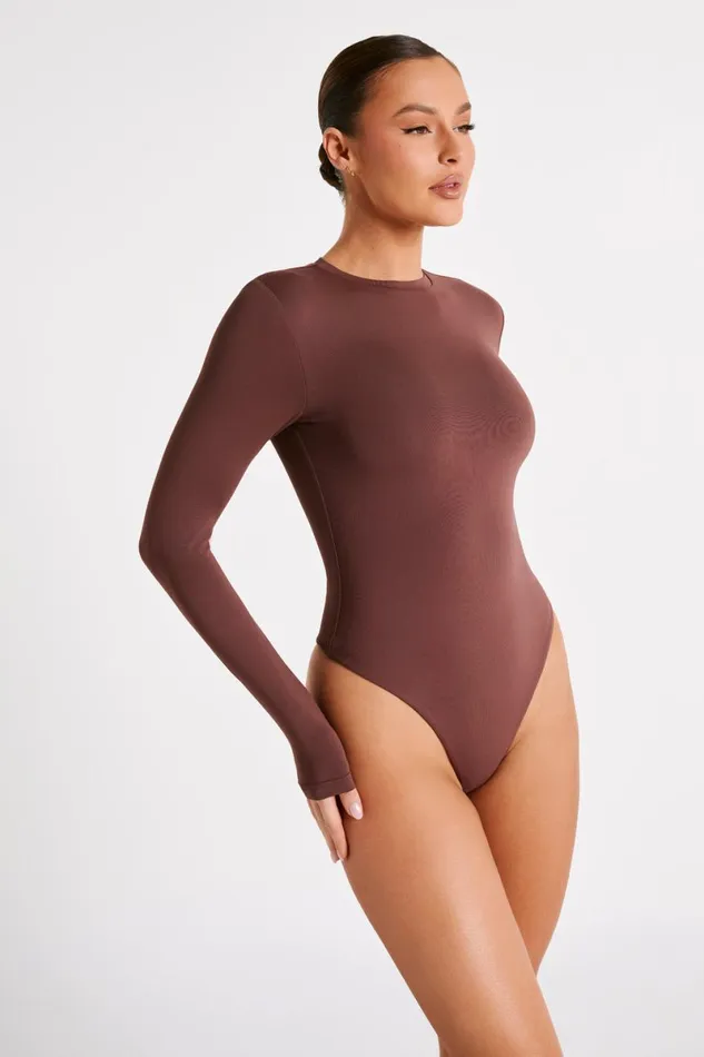 Meshki Basic Tops Delilah Recycled Nylon Long Sleeve Crew Neck Bodysuit 8211 Mocha Mocha 8211 Women Meshki Basic Tops Delilah Recycled Nylon Long Sleeve Crew Neck Bodysuit 8211 Mocha Mocha 8211 Women