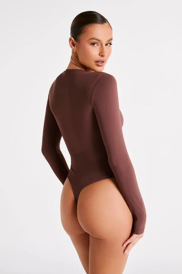 Meshki Basic Tops Delilah Recycled Nylon Long Sleeve Crew Neck Bodysuit 8211 Mocha Mocha 8211 Women