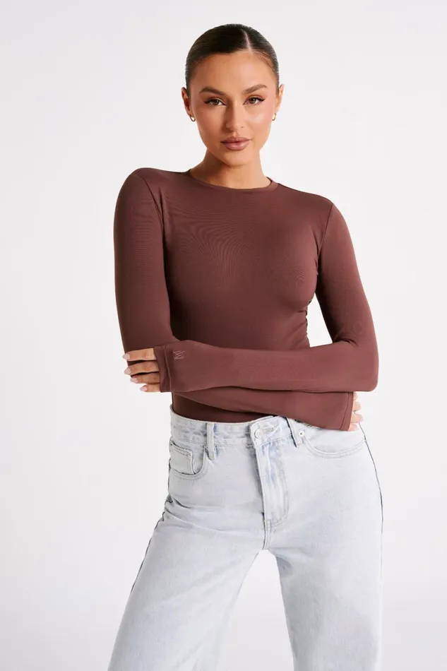 Meshki Basic Tops Delilah Recycled Nylon Long Sleeve Crew Neck Bodysuit 8211 Mocha Mocha 8211 Women