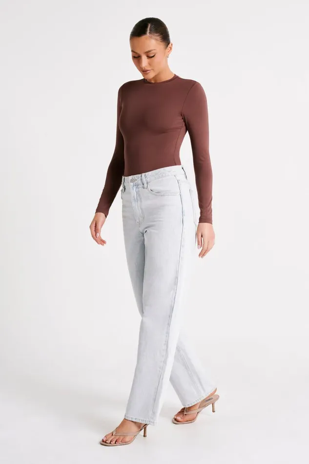 Meshki Basic Tops Delilah Recycled Nylon Long Sleeve Crew Neck Bodysuit 8211 Mocha Mocha 8211 Women