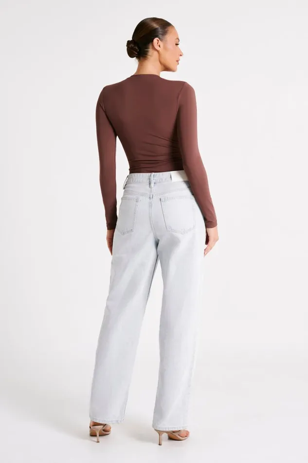 Meshki Basic Tops Delilah Recycled Nylon Long Sleeve Crew Neck Bodysuit 8211 Mocha Mocha 8211 Women