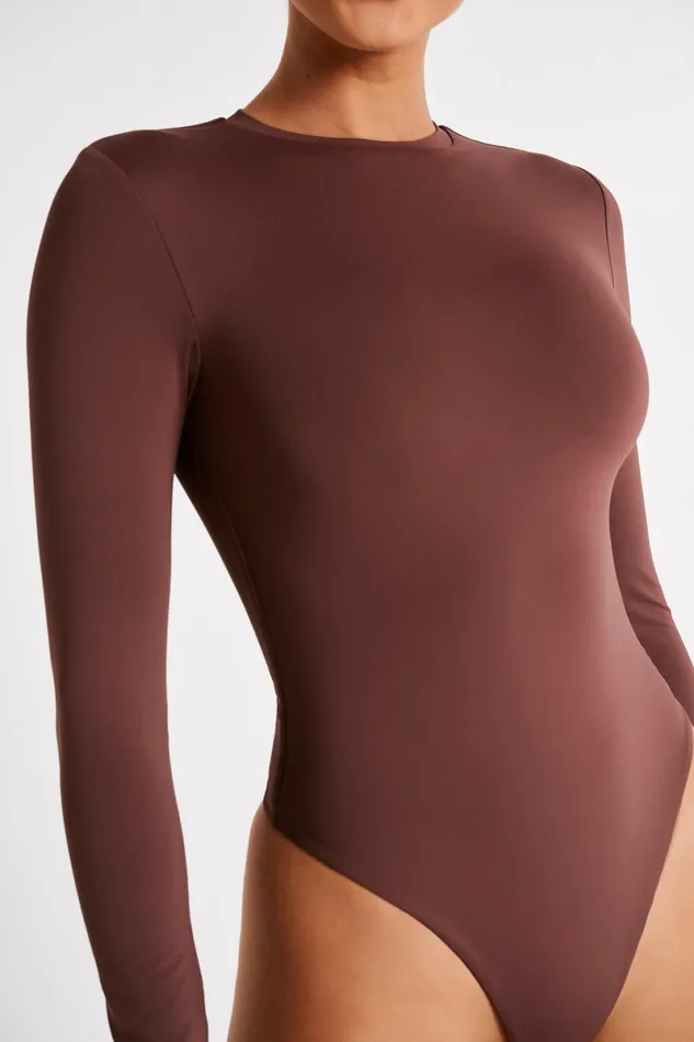 Meshki Basic Tops Delilah Recycled Nylon Long Sleeve Crew Neck Bodysuit 8211 Mocha Mocha 8211 Women