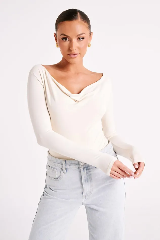 Meshki Basic Tops Eviana Recycled Nylon Draped Bodysuit 8211 Sand Sand 8211 Women