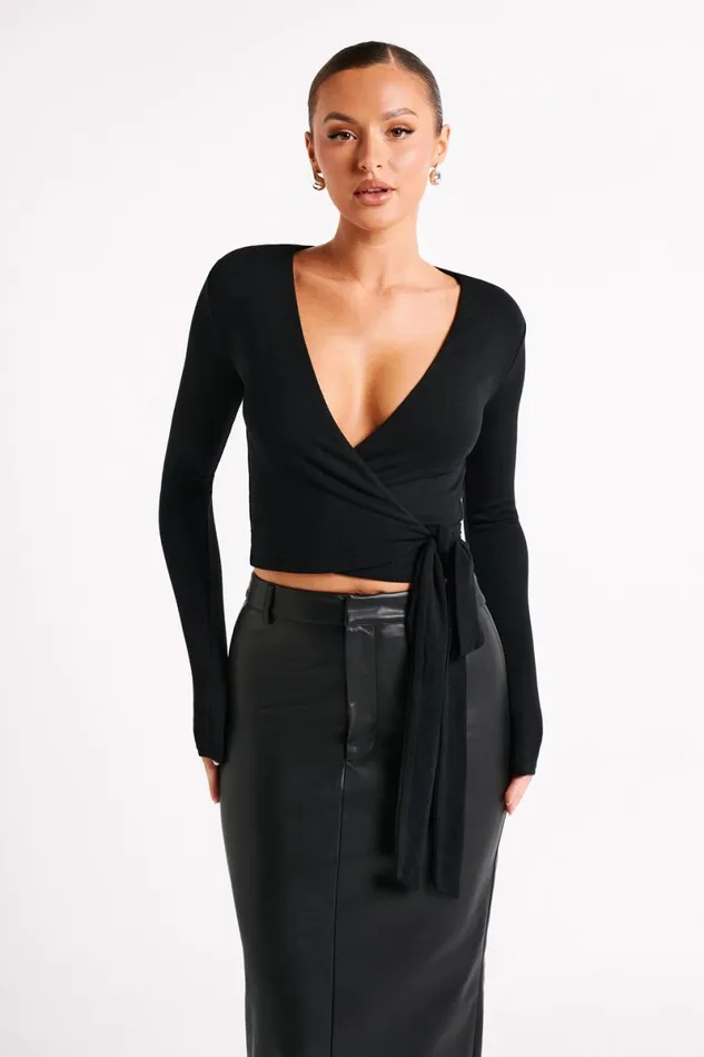 Meshki Basic Tops Flora Long Sleeve Wrap Top 8211 Black Black 8211 Women