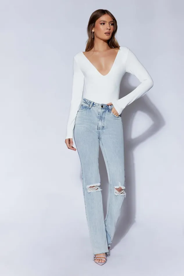 Meshki Bodysuits Nia Long Sleeve V Neck Bodysuit 8211 White White 8211 Women