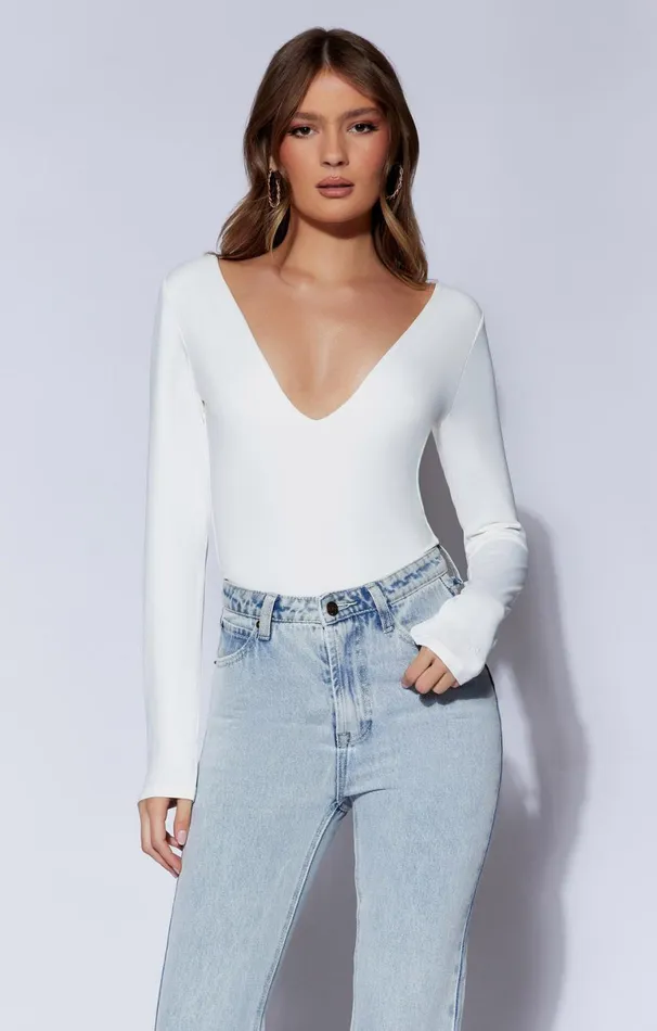 Meshki Bodysuits Nia Long Sleeve V Neck Bodysuit 8211 White White 8211 Women
