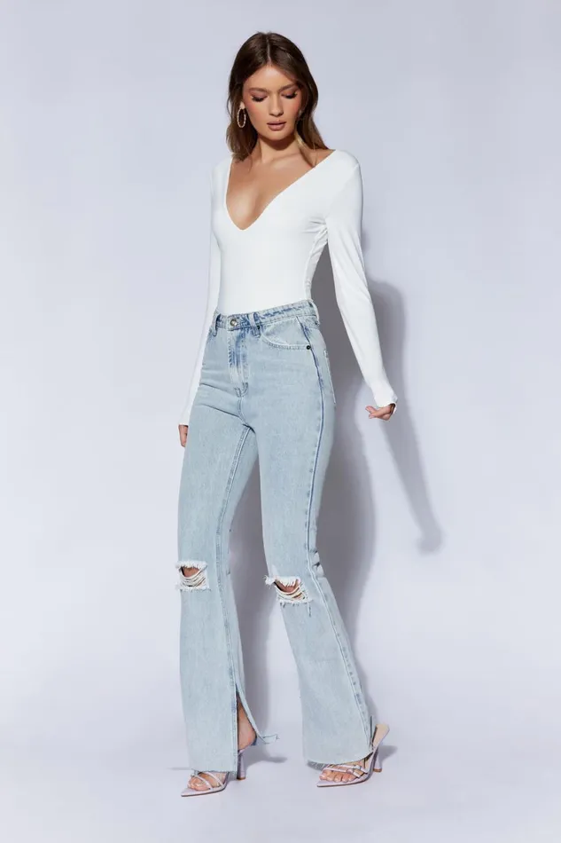 Meshki Bodysuits Nia Long Sleeve V Neck Bodysuit 8211 White White 8211 Women