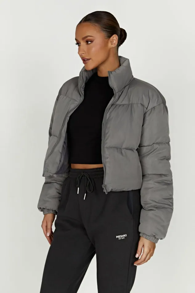 Meshki Coats and Jackets Myranda Recycled Cropped Puffer Jacket 8211 Charcoal Charcoal 8211 Women