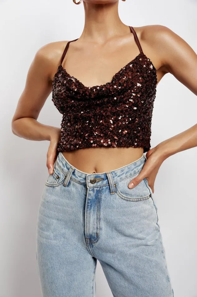 Meshki Crop Tops Nikita Sequin Cowl Neck Top 8211 Chocolate Chocolate 8211 Women