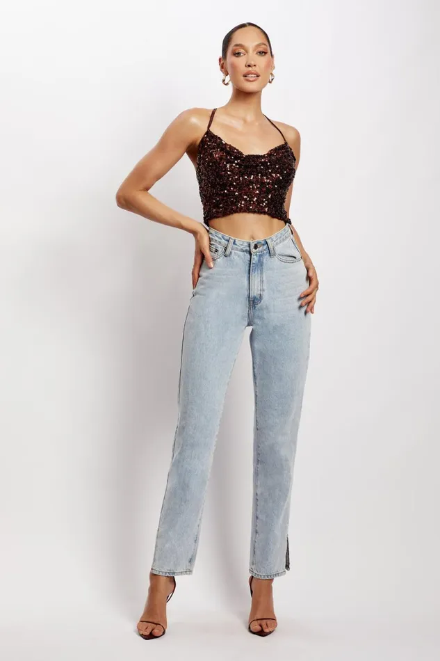 Meshki Crop Tops Nikita Sequin Cowl Neck Top 8211 Chocolate Chocolate 8211 Women Meshki Crop Tops Nikita Sequin Cowl Neck Top 8211 Chocolate Chocolate 8211 Women