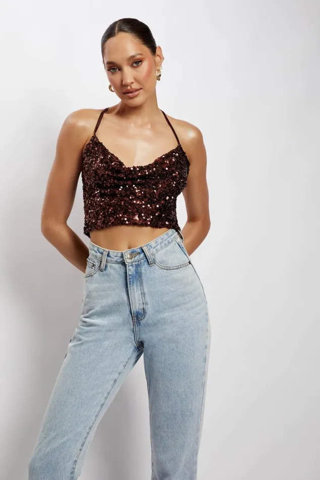Meshki Crop Tops Nikita Sequin Cowl Neck Top 8211 Chocolate Chocolate 8211 Women Meshki Crop Tops Nikita Sequin Cowl Neck Top 8211 Chocolate Chocolate 8211 Women