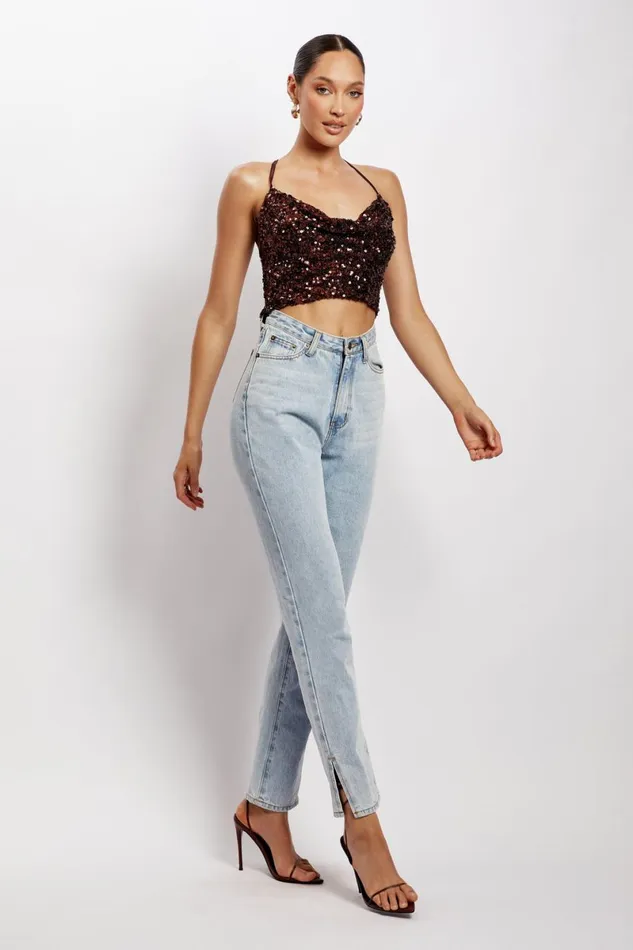 Meshki Crop Tops Nikita Sequin Cowl Neck Top 8211 Chocolate Chocolate 8211 Women Meshki Crop Tops Nikita Sequin Cowl Neck Top 8211 Chocolate Chocolate 8211 Women