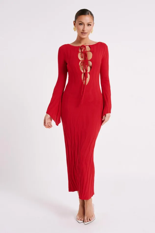 Meshki Maxi Dresses Brinley Long Sleeve Knit Maxi Dress 8211 Red Red 8211 Women