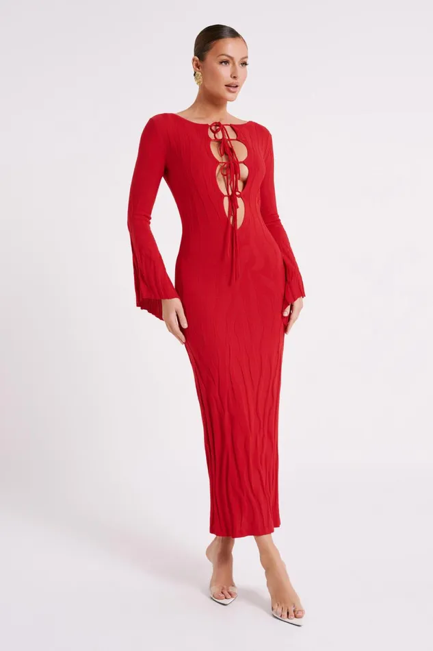Meshki Maxi Dresses Brinley Long Sleeve Knit Maxi Dress 8211 Red Red 8211 Women