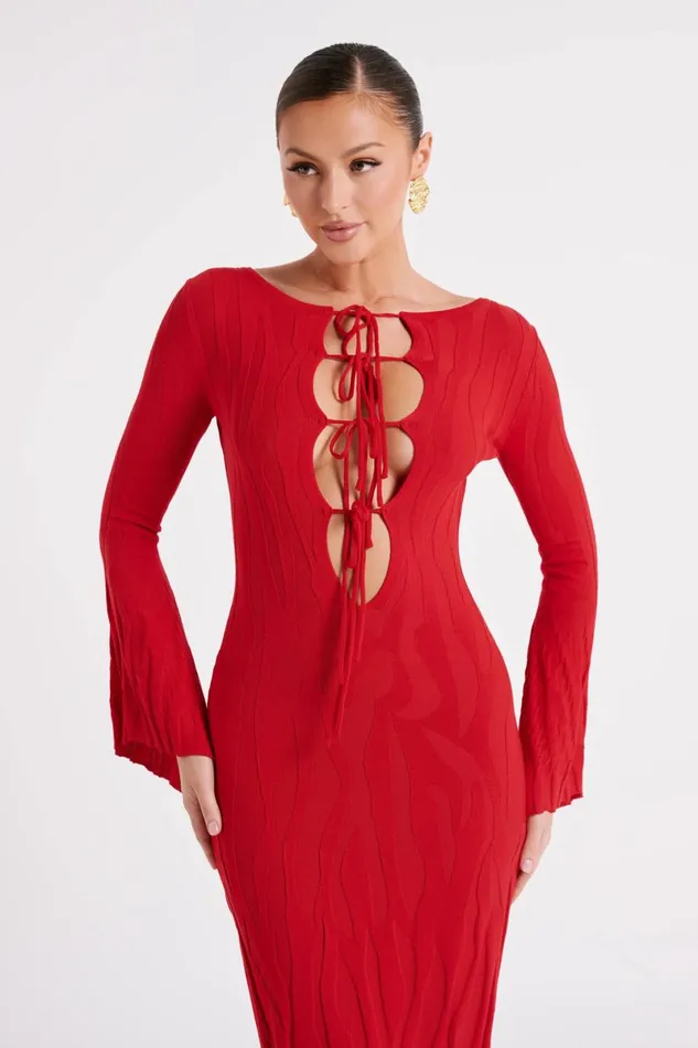 Meshki Maxi Dresses Brinley Long Sleeve Knit Maxi Dress 8211 Red Red 8211 Women
