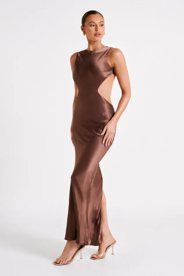 Meshki Maxi Dresses Electra Satin Cut Out Maxi Dress 8211 Mocha Mocha 8211 Women