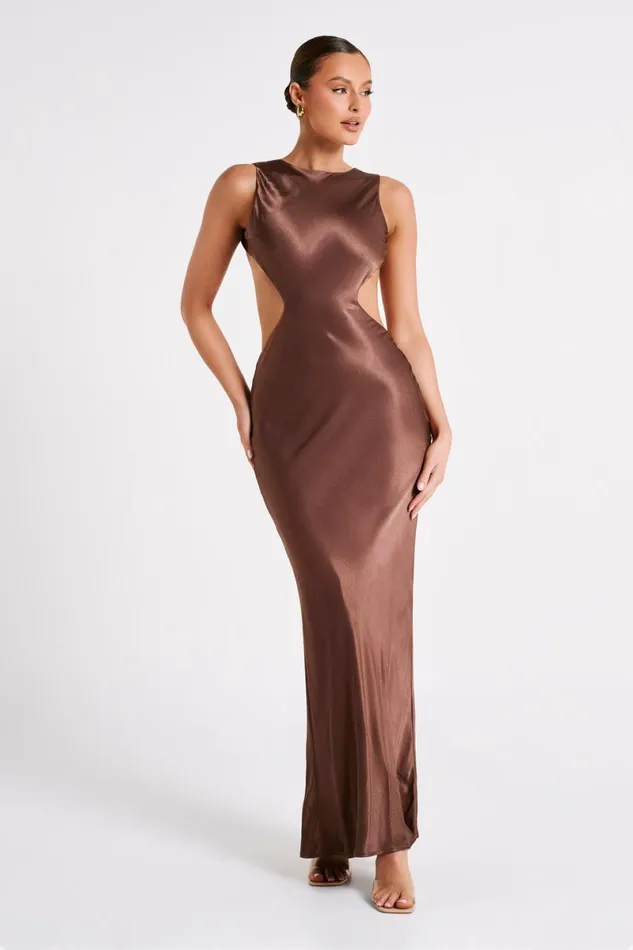 Meshki Maxi Dresses Electra Satin Cut Out Maxi Dress 8211 Mocha Mocha 8211 Women
