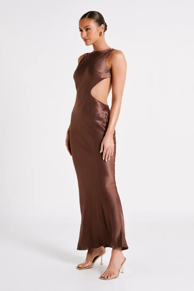 Meshki Maxi Dresses Electra Satin Cut Out Maxi Dress 8211 Mocha Mocha 8211 Women