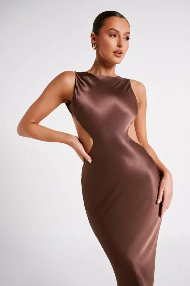 Meshki Maxi Dresses Electra Satin Cut Out Maxi Dress 8211 Mocha Mocha 8211 Women