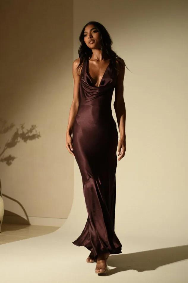 Meshki Maxi Dresses Ellison Satin Cowl Gown 8211 Dark Chocolate Darkchocolate 8211 Women
