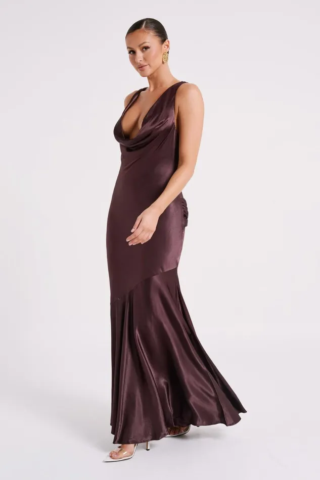 Meshki Maxi Dresses Ellison Satin Cowl Gown 8211 Dark Chocolate Darkchocolate 8211 Women