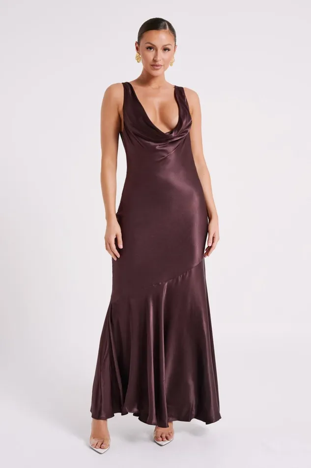 Meshki Maxi Dresses Ellison Satin Cowl Gown 8211 Dark Chocolate Darkchocolate 8211 Women