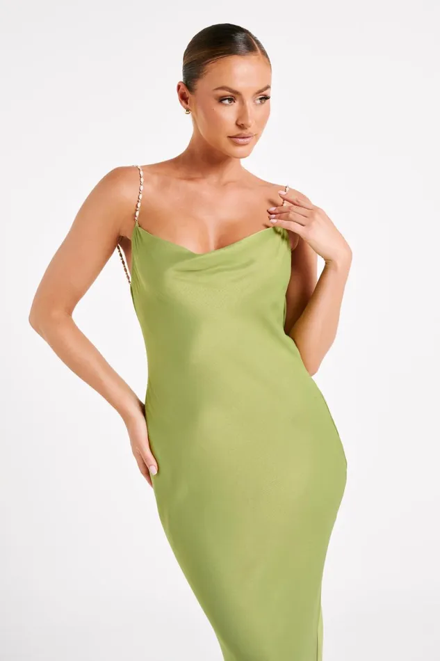 Meshki Midi Dresses Adela Cowl Midi Dress With Pearl Trim 8211 Parakeet Green Parakeetgreen 8211 Women
