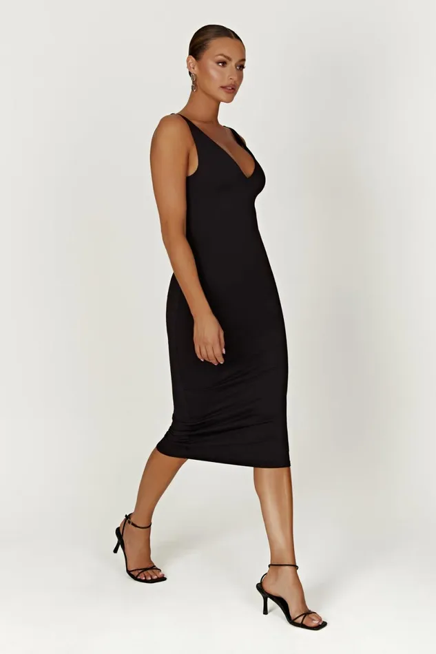 Meshki Midi Dresses Gretel Recycled Nylon V Neck Midi Dress 8211 Black Black 8211 Women