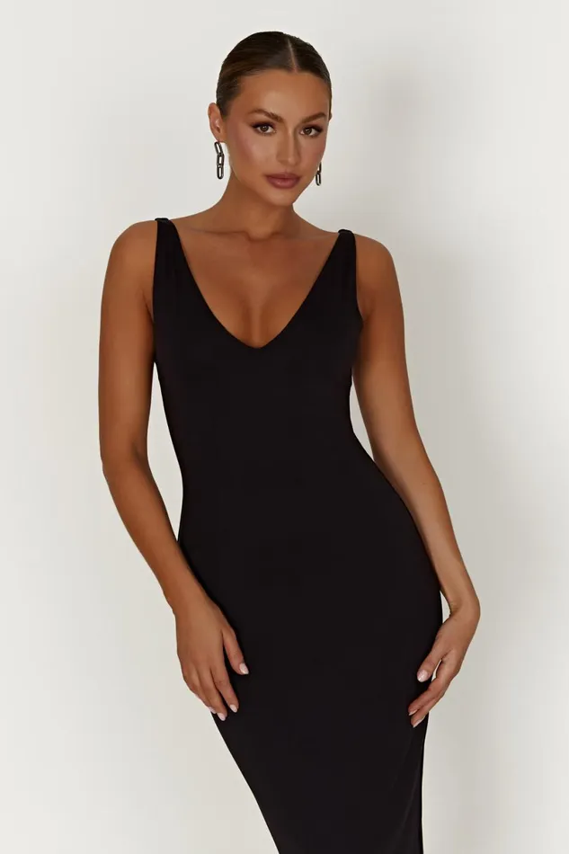 Meshki Midi Dresses Gretel Recycled Nylon V Neck Midi Dress 8211 Black Black 8211 Women