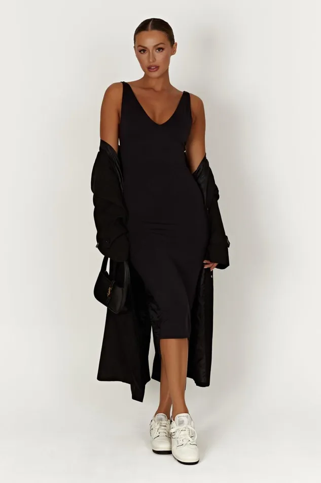 Meshki Midi Dresses Gretel Recycled Nylon V Neck Midi Dress 8211 Black Black 8211 Women